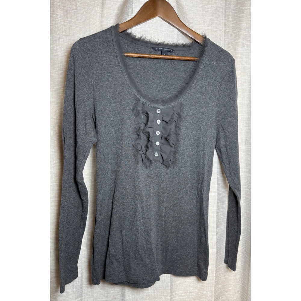 Banana Republic Gray Long Sleeve Ruffle Button Front Top Women's Size L Casual